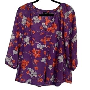 Apt. 9 Womens Sheer Floral Long Sleeve Elastic Band Cuff V-neck Medium